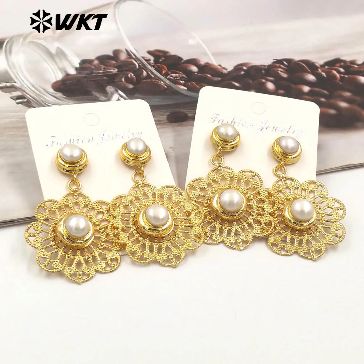 WT-E595 amazing gold electroplated hollow out earring with pearl big round dangle earring fashion luxury earring