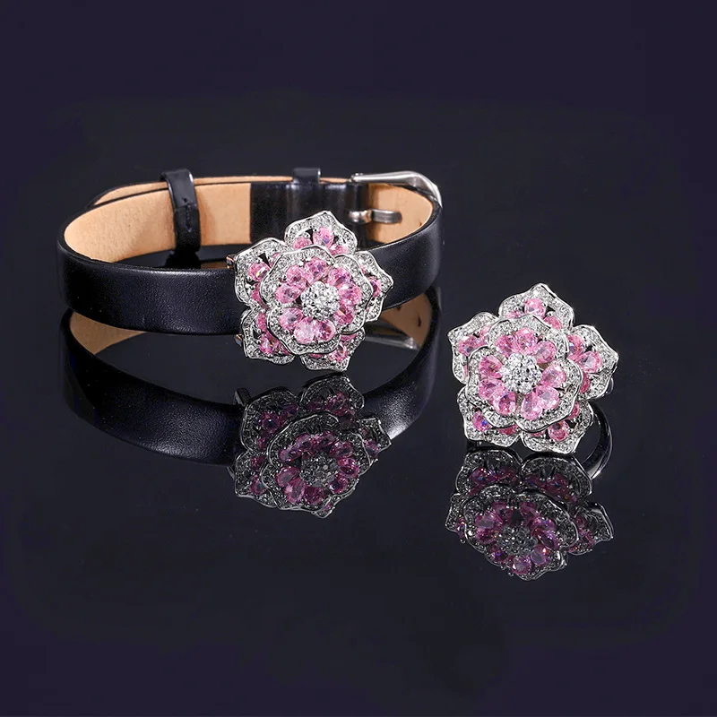 JitDoo Damond Studded Floral Belt Bracelet Pink Camellia Ring Temperament Luxury Gemstone CZ Wrist Strap Women Party Jewelry Set