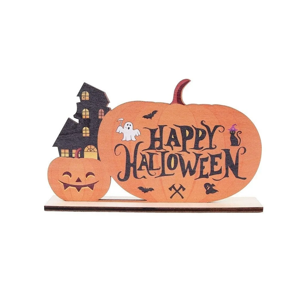 Cartoon Pumpkin Wooden Ornaments Ghost Sign Halloween Pumpkin Figurine Stable Base Display Decor Pumpkin Table Ornament