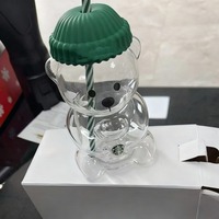 2025 New Transparent Bear Glass Bottle - Green Lid and Straw Cup Cute Animal Beverage Cup,Holiday gift, Christmas gift