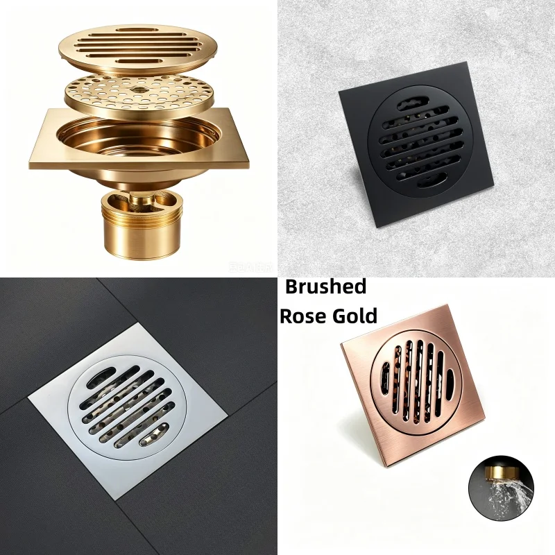 Deluxe Brushed Rose Gold Square 10CM Tile Embedded Hidden Brass Floor Drain Garbage Grille Bathroom Shower Drain
