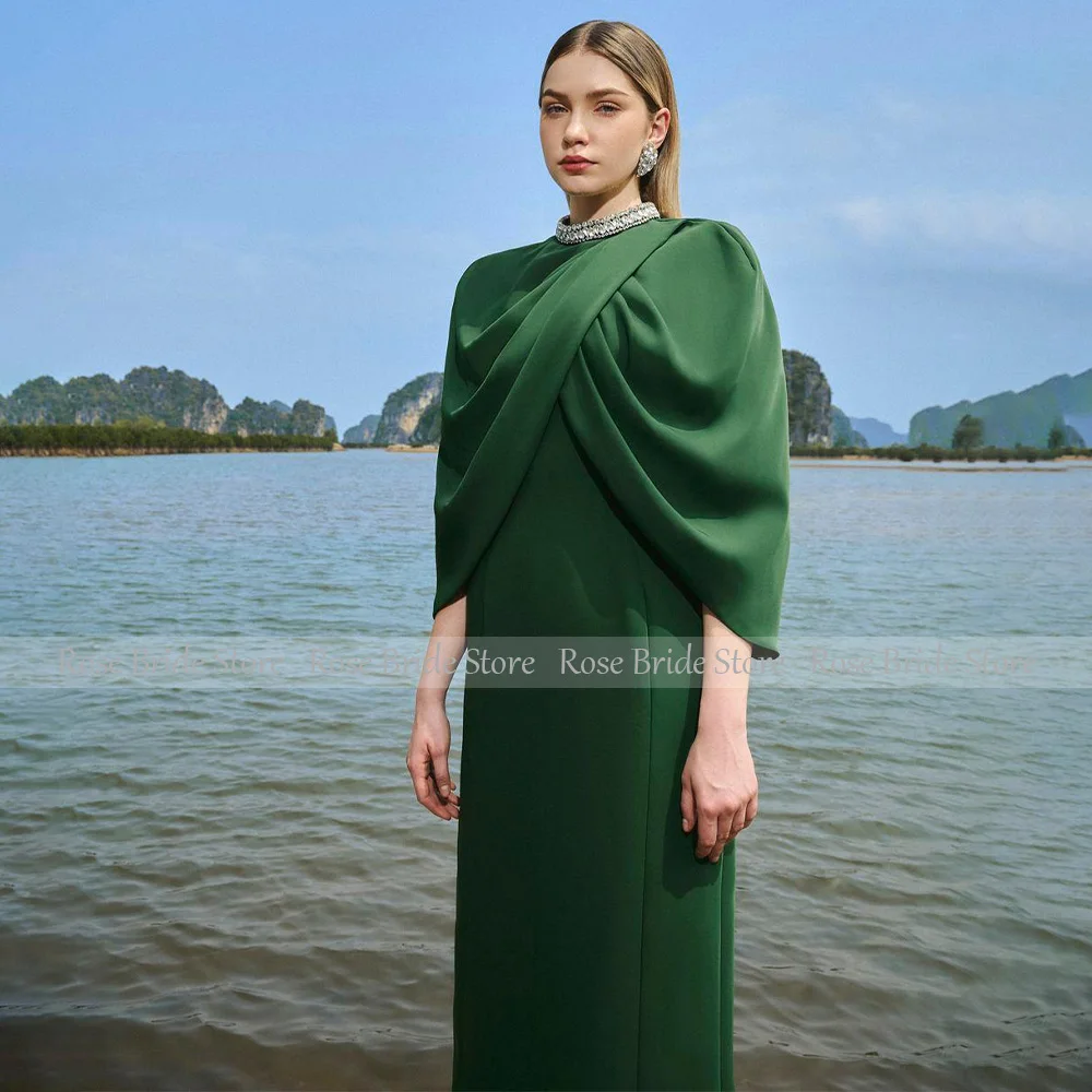 Green Wedding Guest Gowns for Women 2024 O Neck Column Evening Dress with Wrap Crystal Floor Length Formal Party Dresses Long