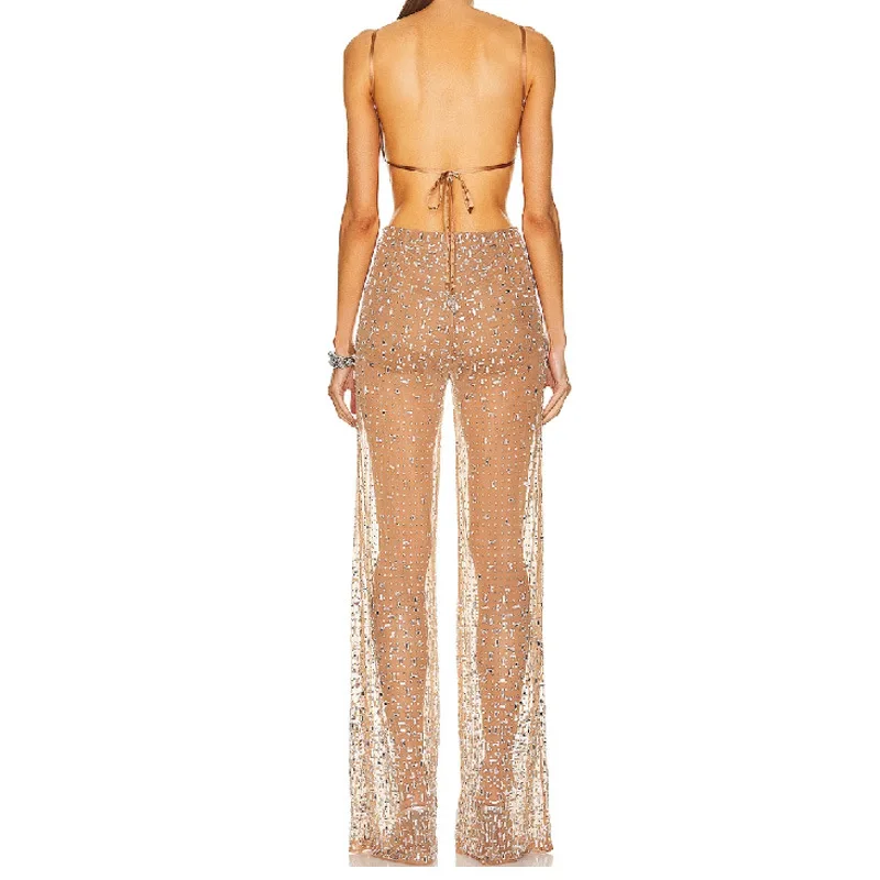 Women\'s  hollow out bodysuit see-through sexy mesh glitter sequins hot diamond spaghetti strap jumpsuit