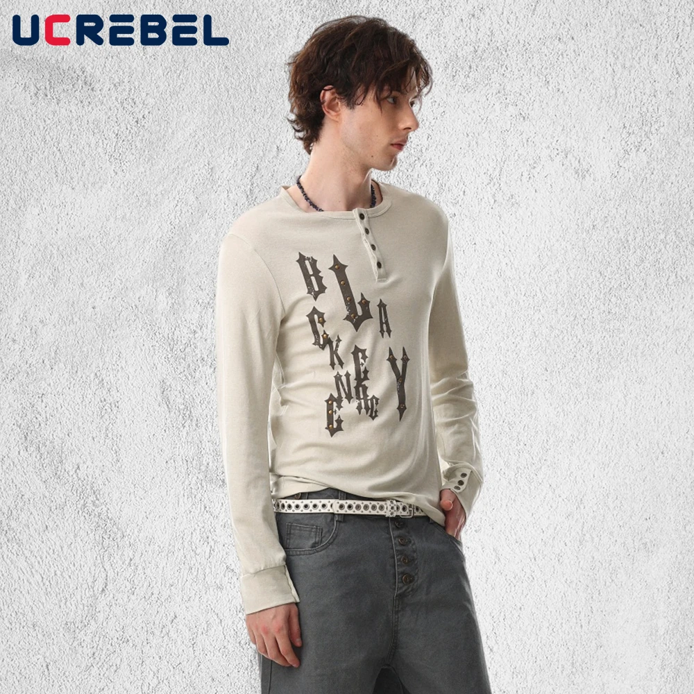 Letter Print Long Sleeve T-shirt Mens with Rivets Spring Y2k Retro High Street Henley Collar Tee Man Tshirt