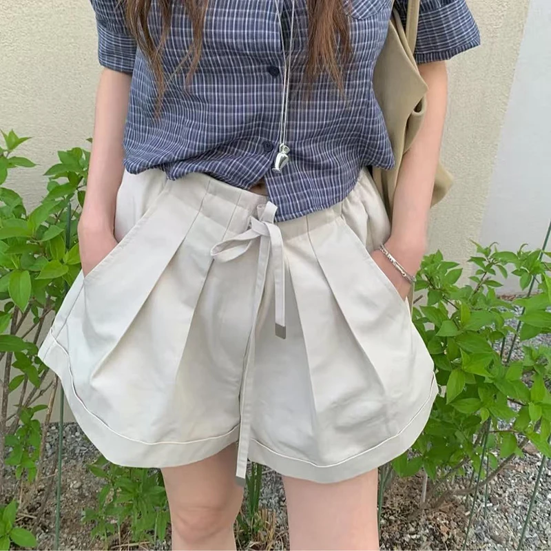 Retro High Waist A-line Shorts Summer Women Drawstring Loose Casual Lace-up Pocket Apricot Shorts Girls Y2K Harajuku Short Pants