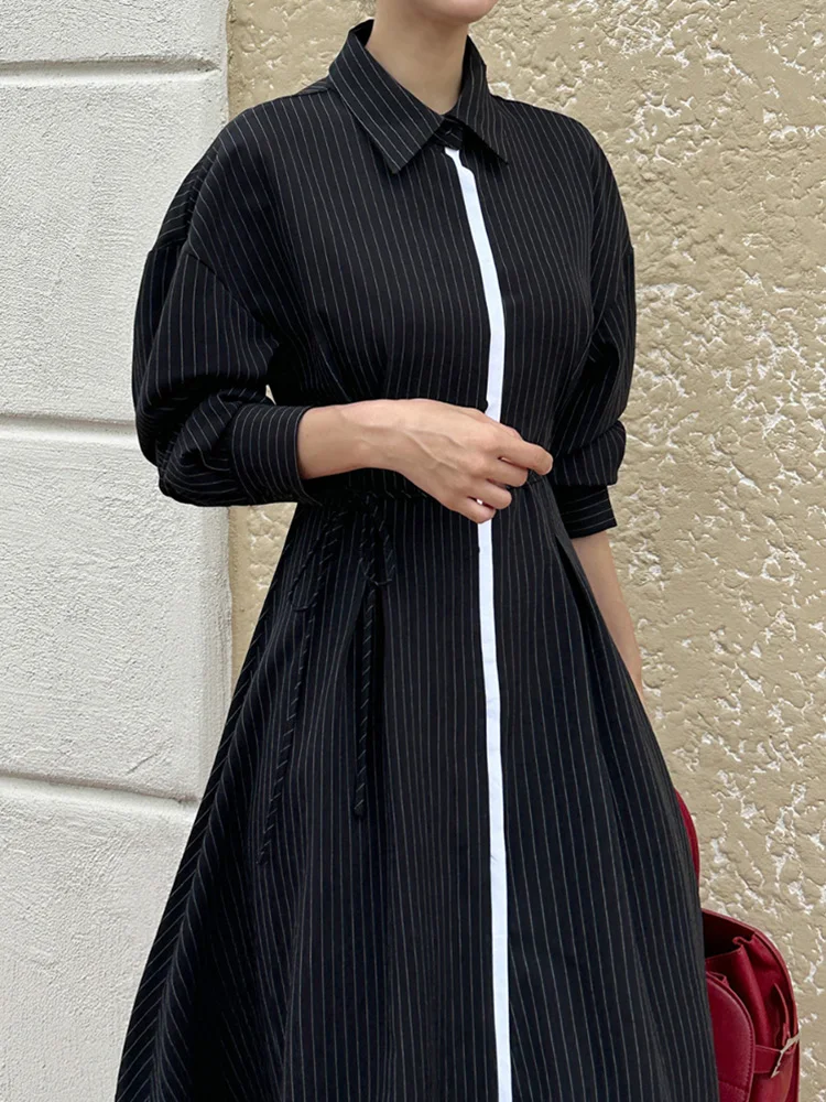 

Korean Fashion Lace-Up Striped Dress Maxi Women 2024 New Spring Autumn Long Sleeve Bandage Shirt Dresses Slim Waist Long Dress