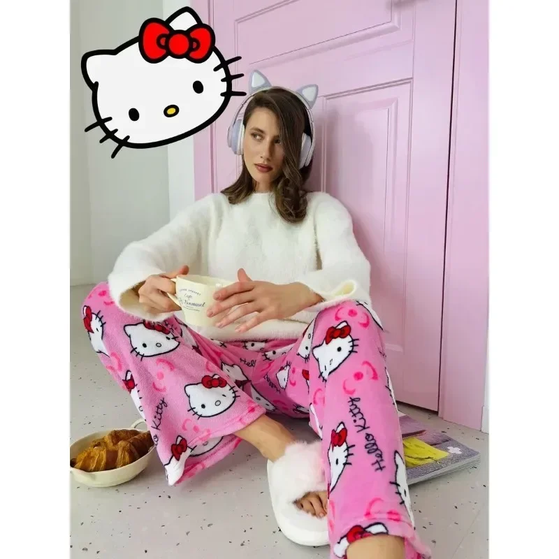 Hello Kitty Pink Heart Bow Print Flannel Pajama Pants Women Soft Fuzzy Warm Wide Leg Loose Home Sleep Loungewear Trousers