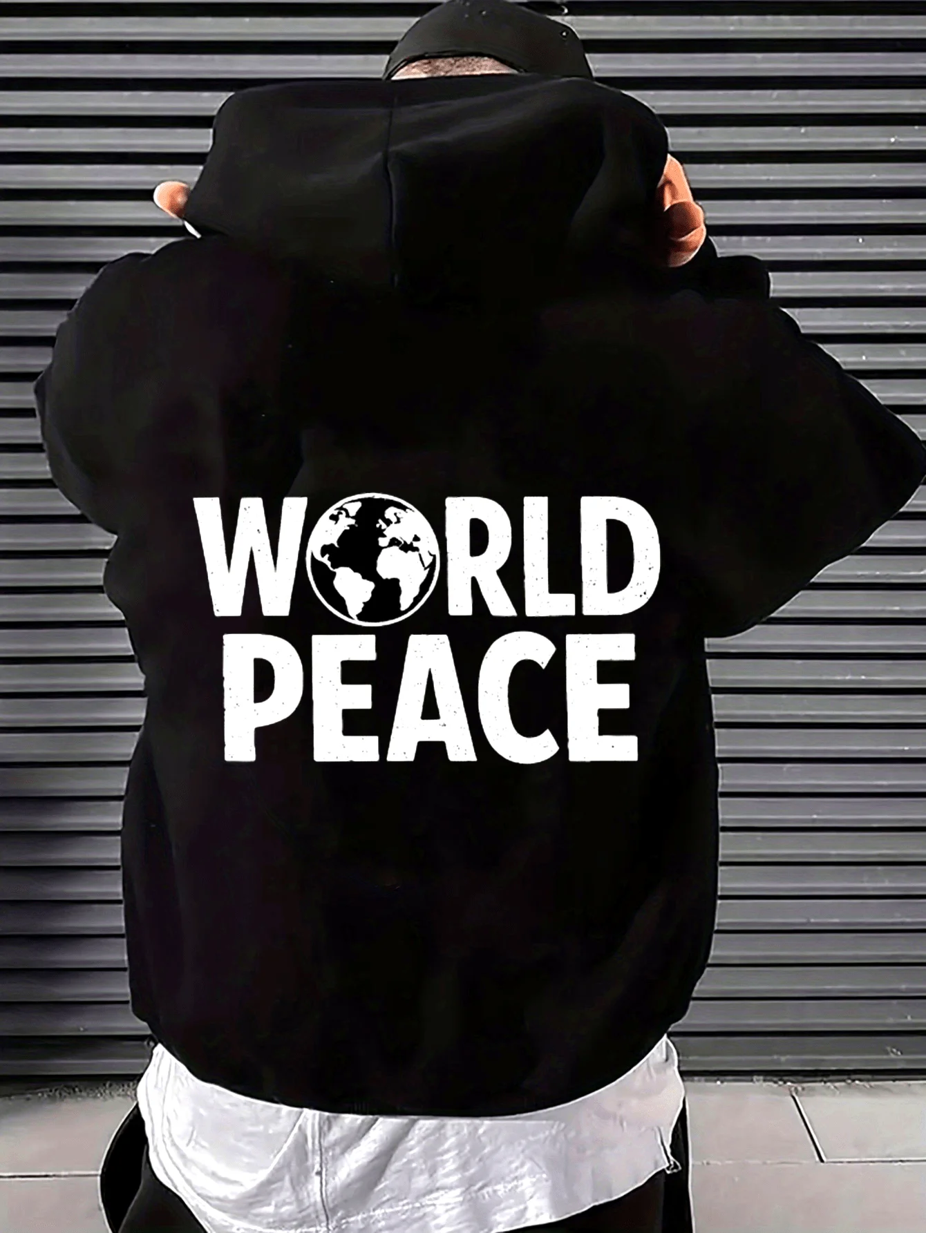 Men's Plus Size Vintage World Peace Earth Pattern Hoodie - Long Sleeve Pullover with Typography Print, Machine Washable Casual Wear, Suitable for Daily Wear and Outdoor Activities