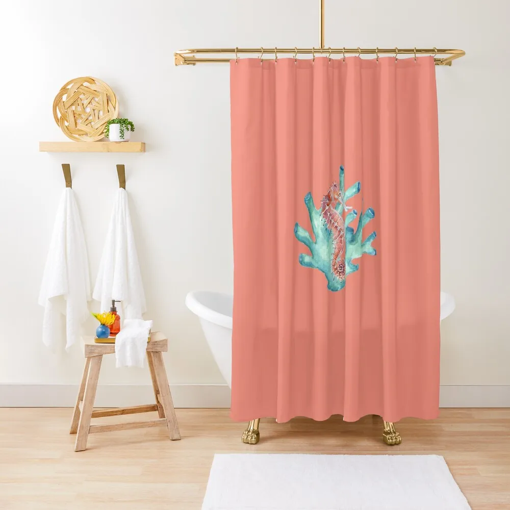 Aqua Coral and Peach Pink Seahorse Shower Curtain Bathroom Decor Anti-Mold Waterproof Shower Waterproof Shower Bathtub Curtain