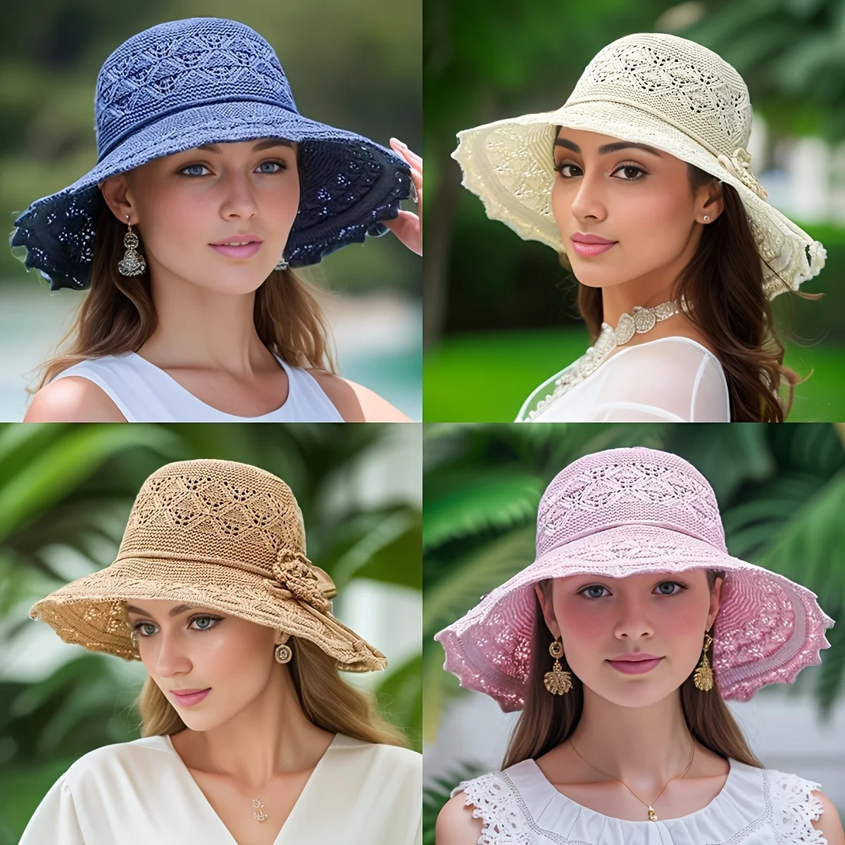 

2Pcs Women Knit Sunhat With Brim Beach Outdoor Bucket Hat Fisherman Hat, Beach Hat Washable Hollow Braided Summer Sun Hat Bowkno