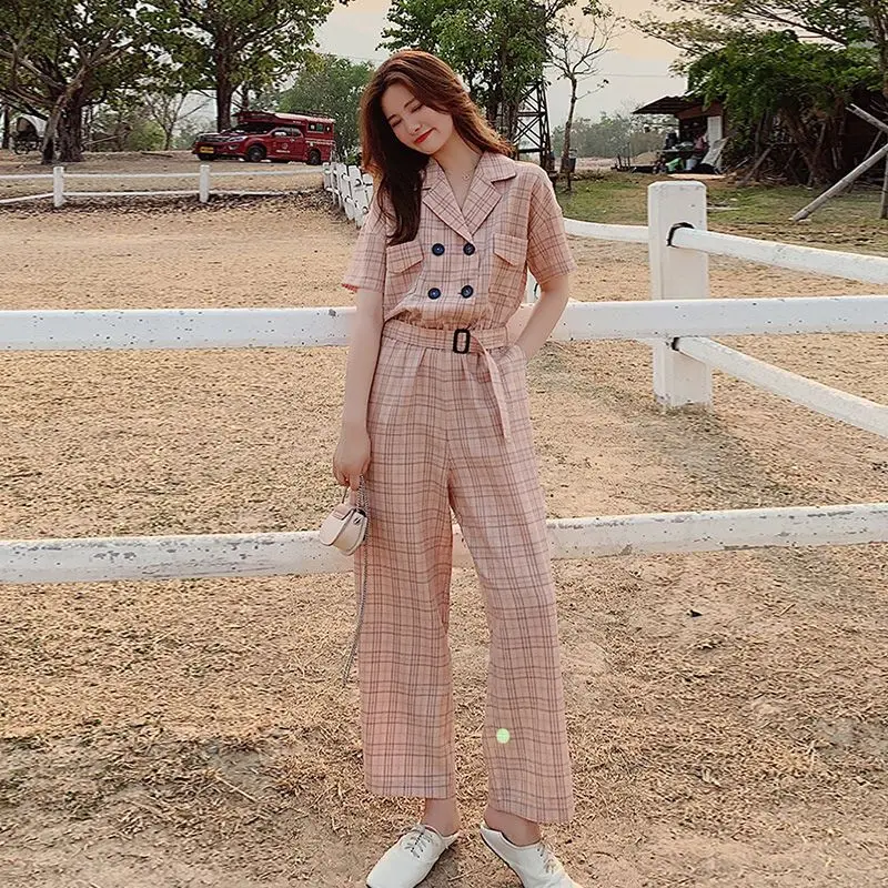 Korea Rompers  Short Sleeves Trousers Women Collar Plaid Jumpsuit Full Length Work Office Lady 2024 New