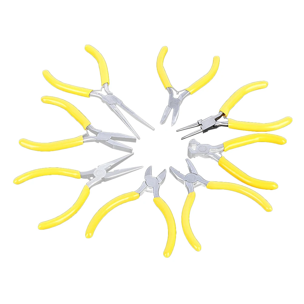 

8pcs Mini Pliers Set 5 Inches Yellow Steel Body Needle Nose Jewelry Repair Tool Tempered Jaws Spring Loaded Coil For Wire