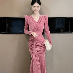 Pink Dress Women's New V-neck Drawstring Slim Fit Skirt with Wrapped Buttocks and Fish Tail Long Skirt