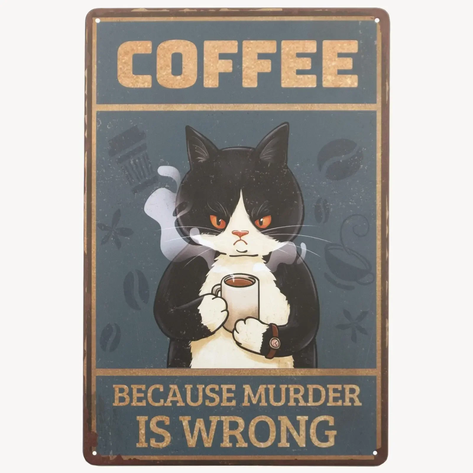 Grumpy Black White Cat Coffee Because Murder Is Wrong Vintage Metal Tin Sign Cafe Bar Kitchen Retro Wall Decor Plaque