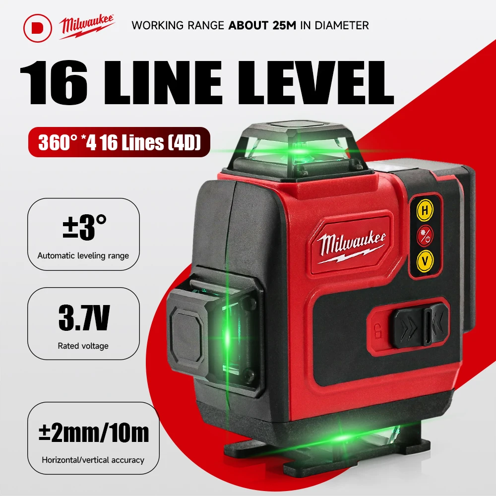 

Milwaukee 4D Laser Level 16 Lines Horizontal Vertical With Remote Control 360°Self-leveling Digital Laser Level Measuring Tools
