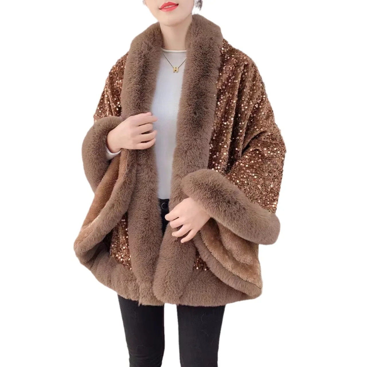 Fashion Shiny Paillette Faux Rex Rabbit Fur Cape Coat Winter Thicken Lining Warm Party Dress Cloak Shawl Women Wraps New