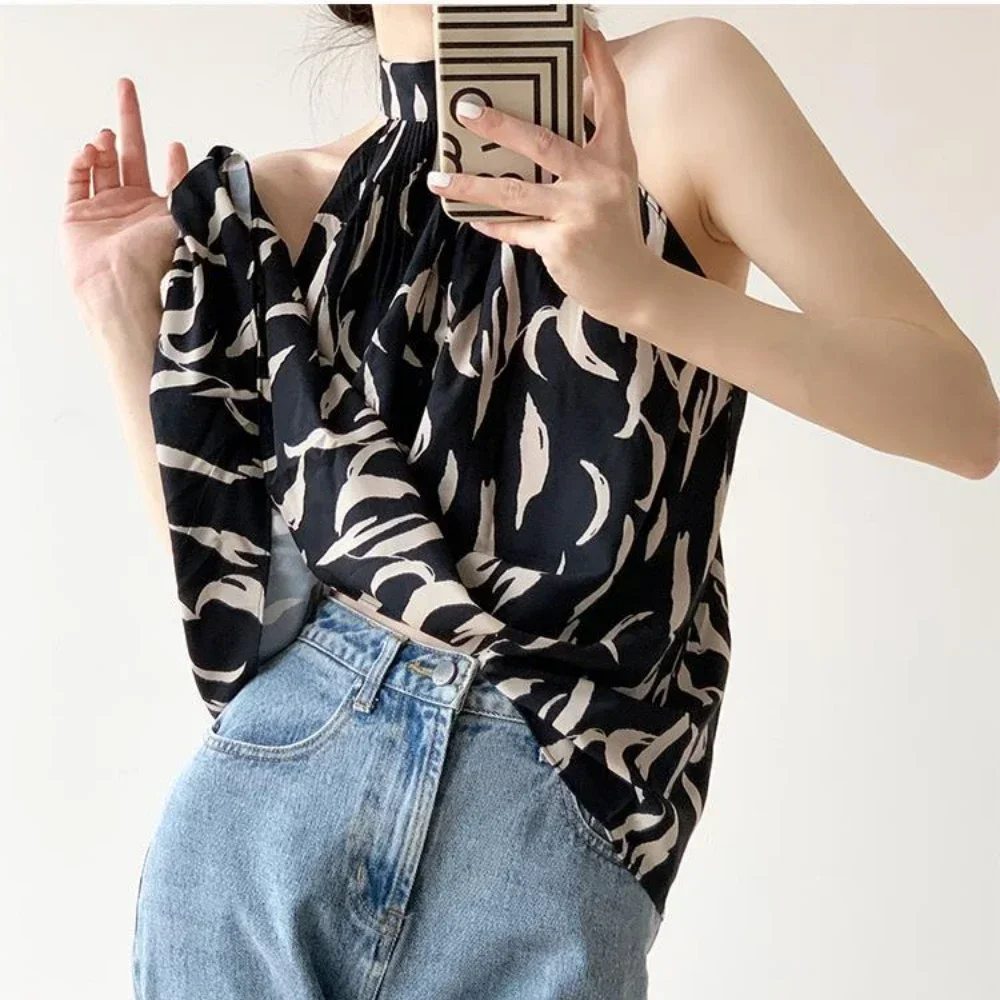 Vintage Summer Sleeveless Sexy Shirt Women Printed Crop Tops Elegant Korean Fashion Hanging Neck Top Blouse Women Clothing