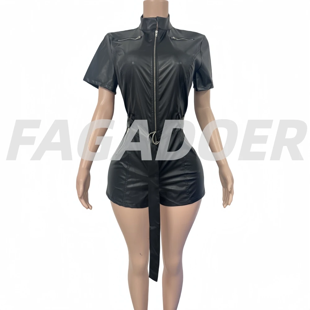 FAGADOER مثير الجلود المرقعة ثوب فضفاض للنساء بلون قصير الأكمام سستة ثوب بودي كون الإناث الشارع الشهير وزرة جديد