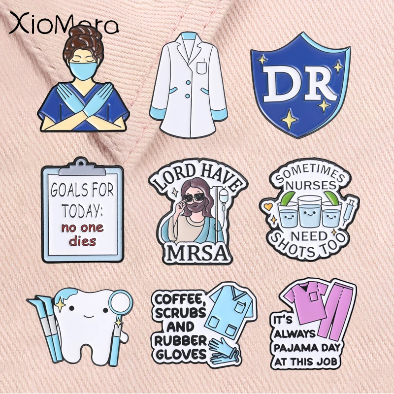 Dentist Medical Enamel Pins White Coat DR Shield Dental Care Healthcare Worker Brooches Lapel Bagde Jewelry Gifts for Friends