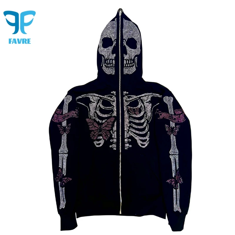 

FAVRE Skeleton Butterfly Rhinestone Sweatshirts Ins Women Casual Letter Hot-drill Hoodies Men Spring Autumn Cardigan Y2K Outwear