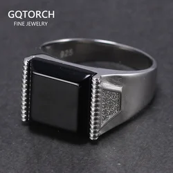 Solid Silver 925 Mens Rings Minimalist Turkish Rings For Men Black Square Natural Stone Turkey Male Jewelry Bague Homme