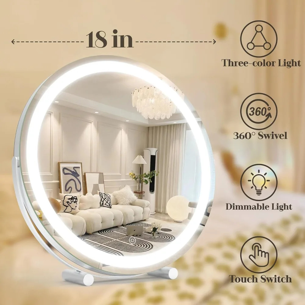 Miroir de courtoisie éclairé de 18 pouces avec commande tactile intelligente, lumières LED à intensité variable de 3 couleurs, 360 °   Rotation pour le maquillage