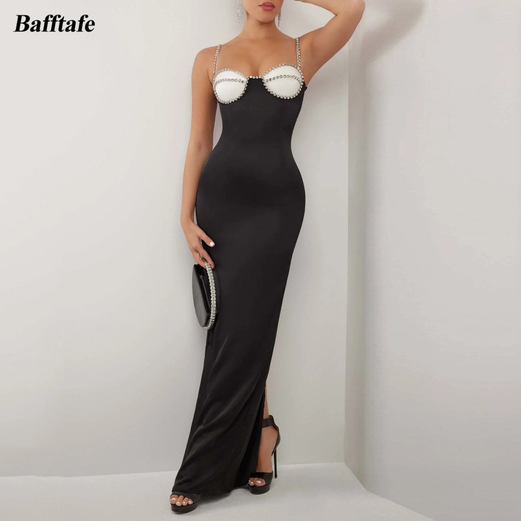 

Bafftafe Black Ivory Stretch Matte Satin Evening Dresses Mermaid Crystals Women Formal Prom Dress Bodycon Slit Club Party Gowns