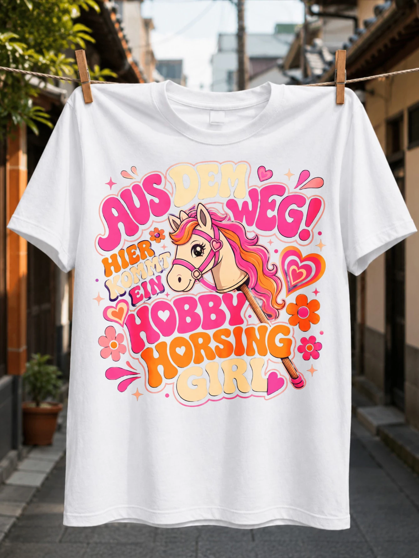 Aus Dem Weg Hier Kommt Ein Hobby Horsing Girl quote with groovy horse flowers hearts and retro pop  Unisex All T-Shirt