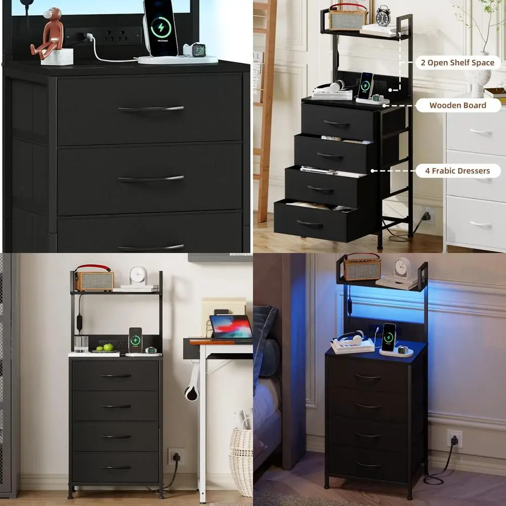

LED-Lit Charging Nightstand with 4-Drawer Storage and Top Shelf for Bedrooms, Guest Rooms, and Dorms