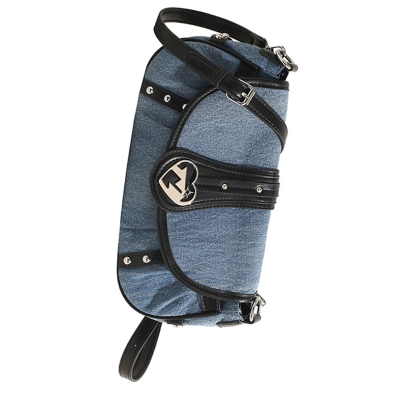 ผู้หญิง Denims กระเป๋าสะพาย Punk Heart Buckled Crossbody กระเป๋ากระเป๋าถือขนาดเล็ก E74B