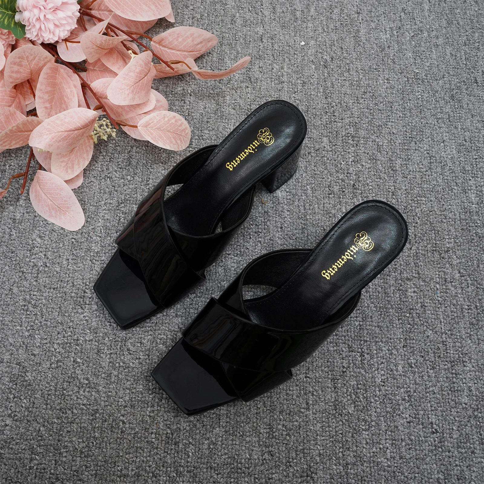 

New summer women's shoes square toe exposed toe solid color fish mouth slippers fashionable outdoor high heels plus size 35-44