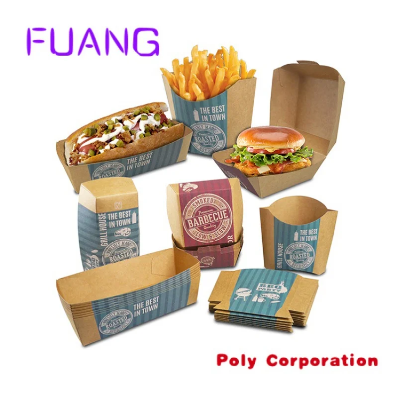 Custom  Custom Printed Eco Friendly Disposable Catering Takeaway Food Packaging Kraft Paper French Fries Burger Hamburger Box