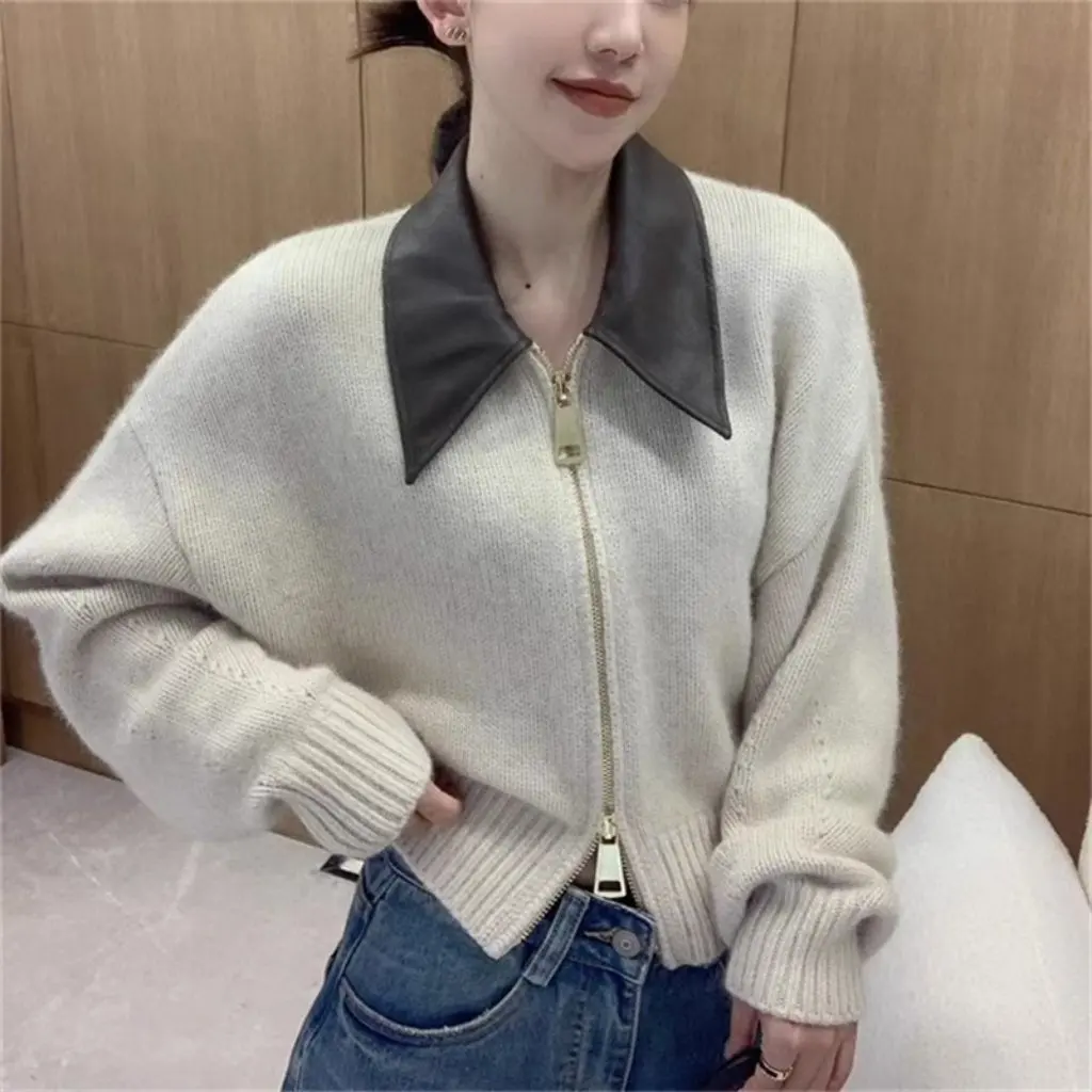 

Women's European Style Leather Knitted Cardigan Sweater Jacket Polo Collar Splicing Zipper Lazy Style Spring Fall Top
