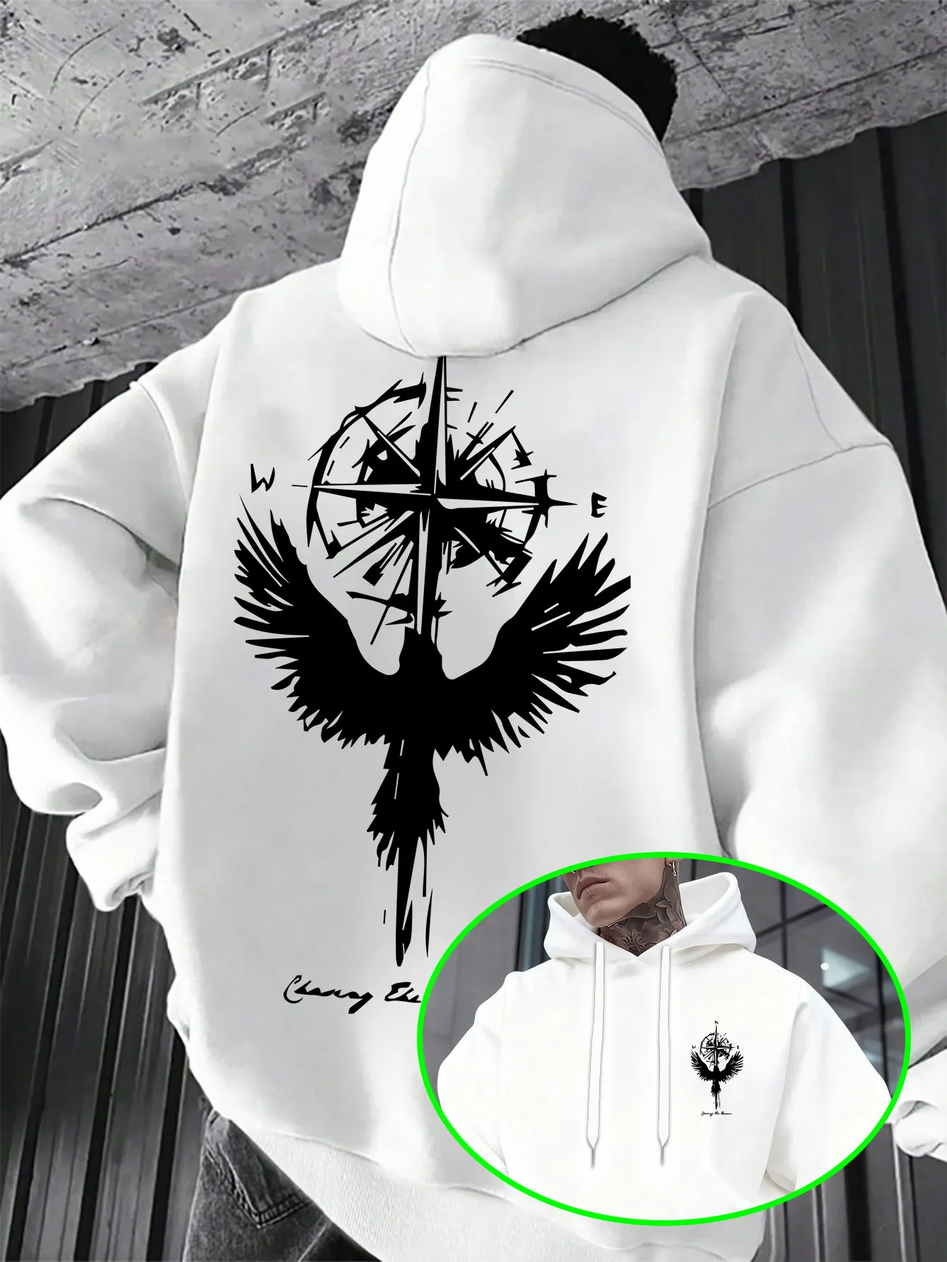 Men Raven Compass Back Print Graphic Hoodie Loose Fit Cotton Hooded Sweatshirt Autumn Winter Vintage Streetwear Men Clothing