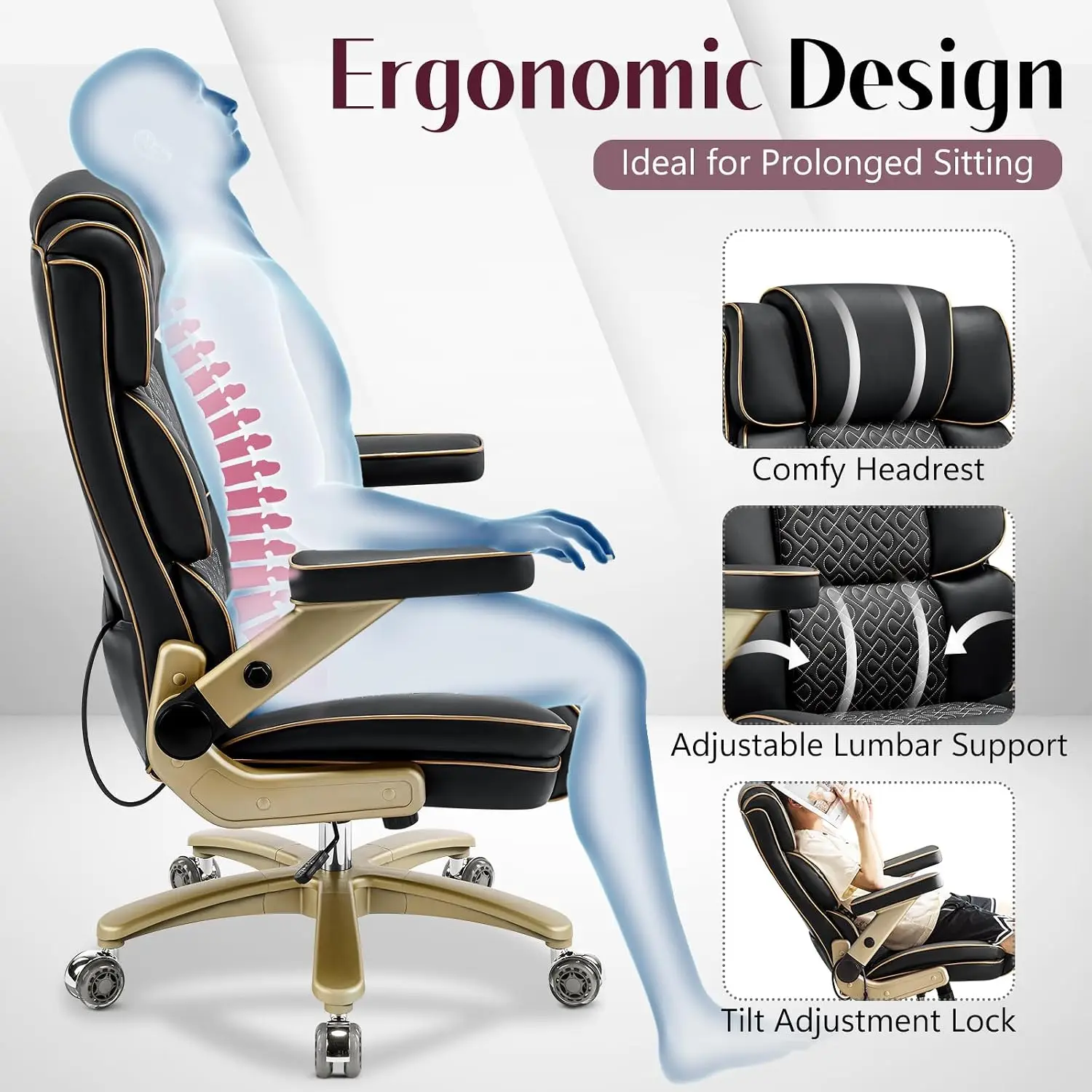 Big & Tall Office Chair 500lbs, Heavy Duty Leather Executive Chair 5D Armrests Adjustable Lumbar, C, Customized