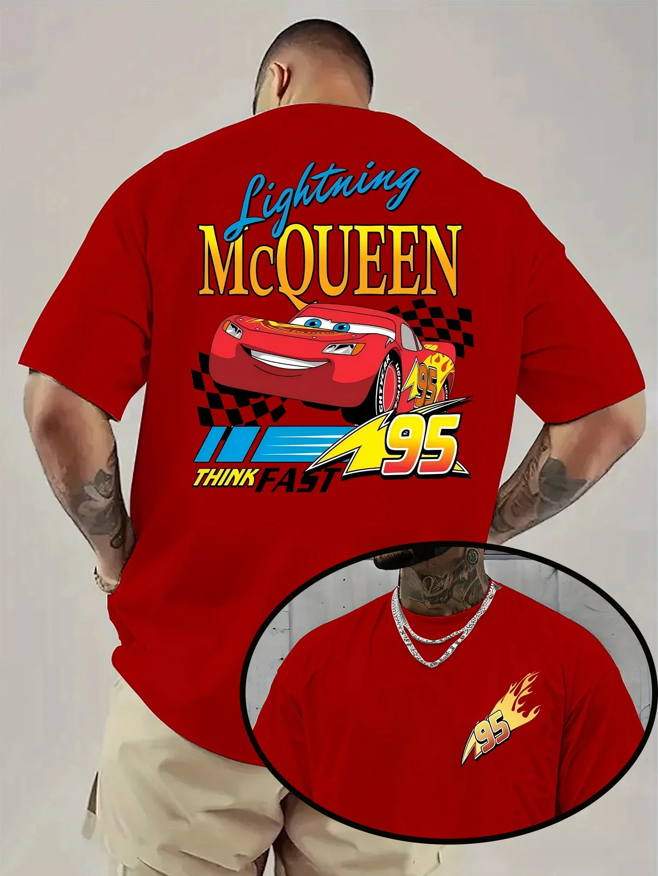 

Red Disney Mens Cars Lightning McQueen 95 Graphic T-Shirt Cotton Casual Oversize Couple Unisex Women Top Tee Streetwear Clothing