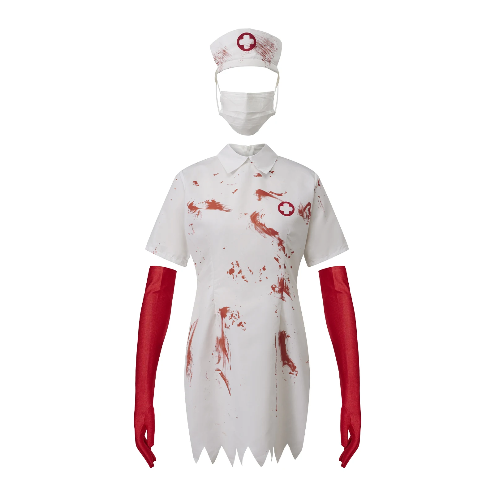 

Halloween Nurse Zombie Costume for Women Scary Cosplay Clothes Short Sleeve Dress with Gloves and Facewear