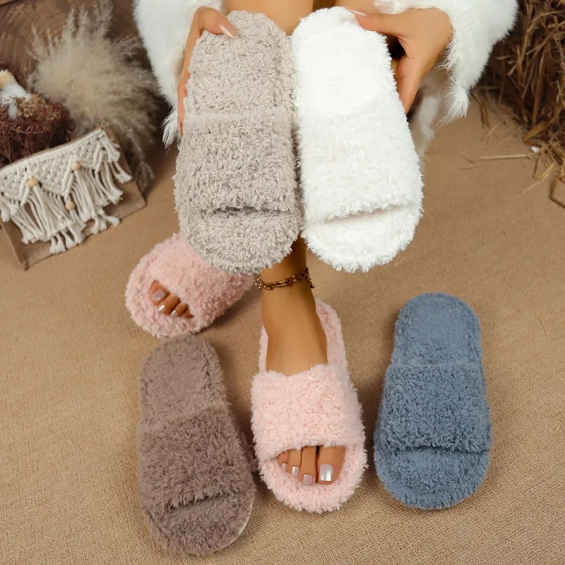 

2025 New Casual Fluffy Women Flats Slippers Home Designer Woman Shoes Fashion Luxury Fuzzy Winter Plush Elegant Slides Women