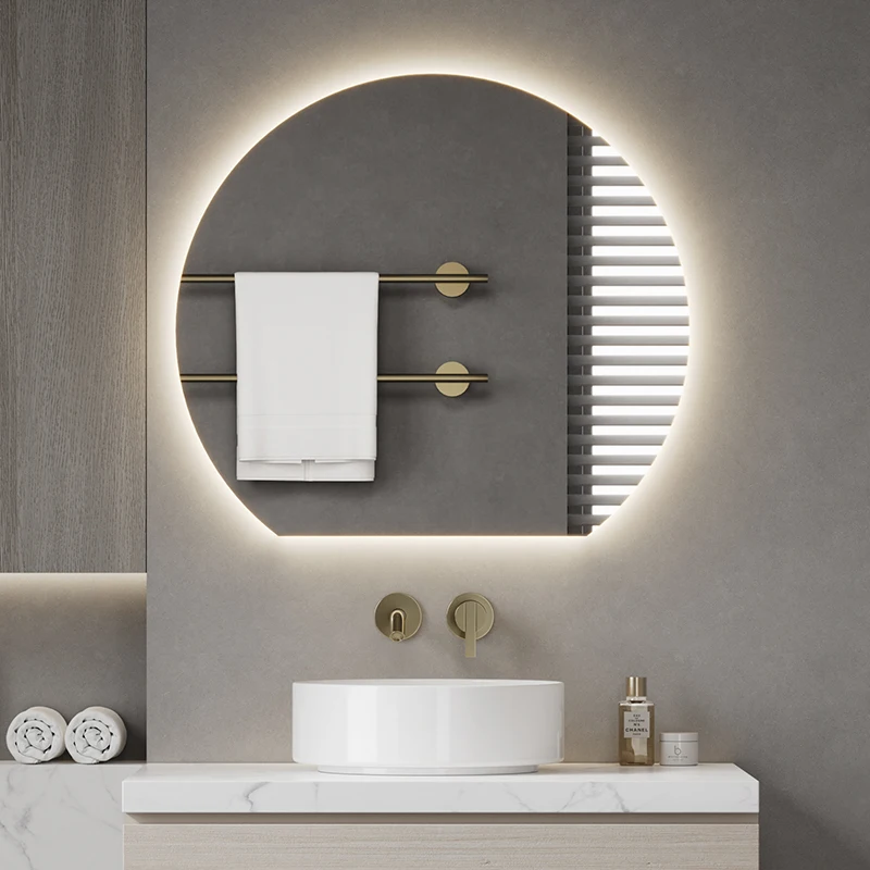 HD Fill Light Backlight Semi-Circular Mirror, Three-Light Zoned Smart Touch Quick Anti-Fog Wall-Mounted Energy-Saving