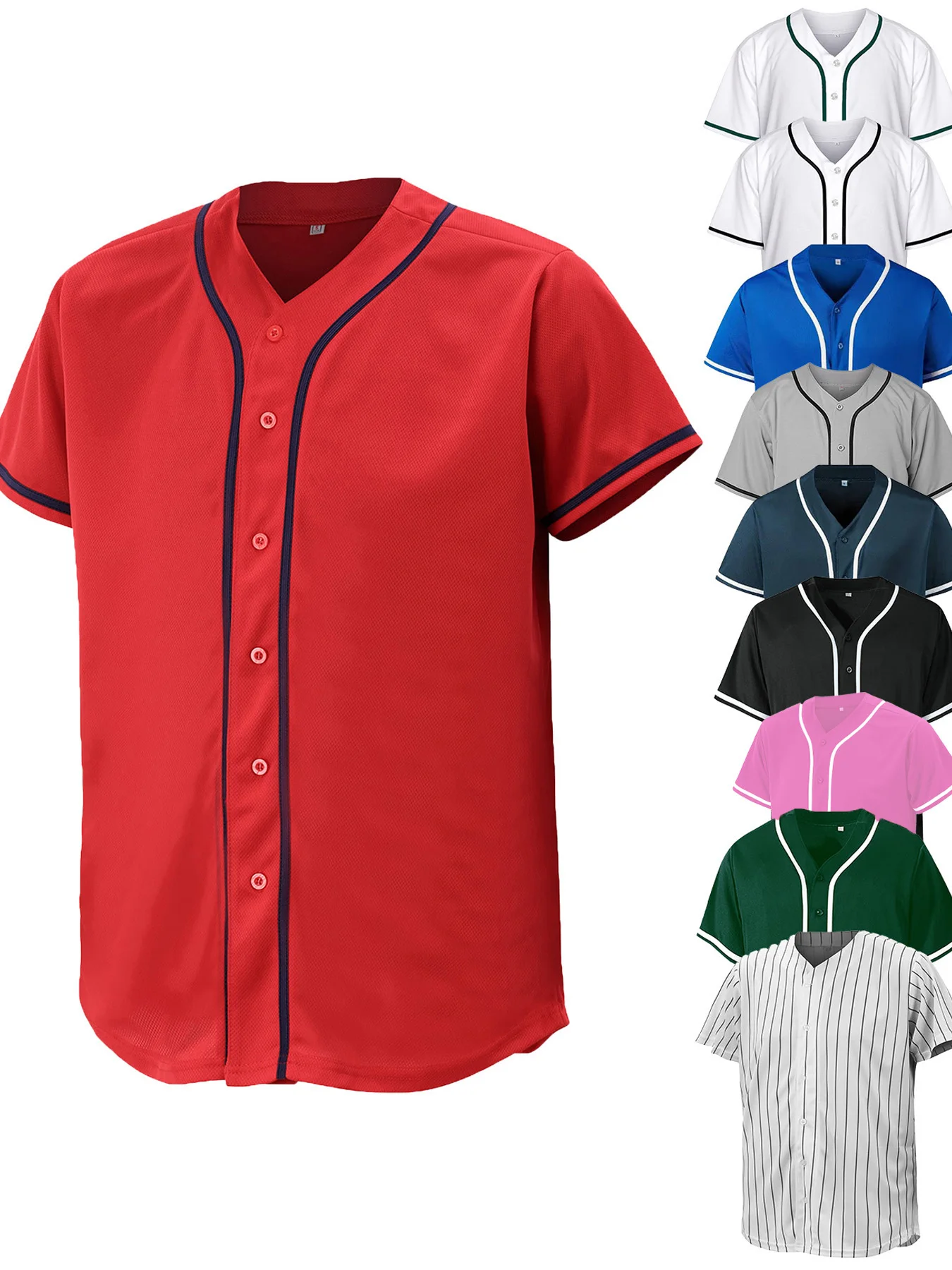 

Blank Baseball Jersey Men Women Multi-color Stripe Trim Button Down Customizable Casual Sports Tops