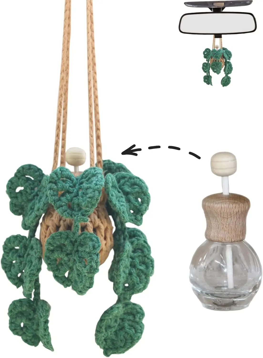 

Cute Crochet Car Plant Monstera Essential Oil Diffuser Bottle - 12ml Refillable, Green Accessory for Mirror and Home Decor