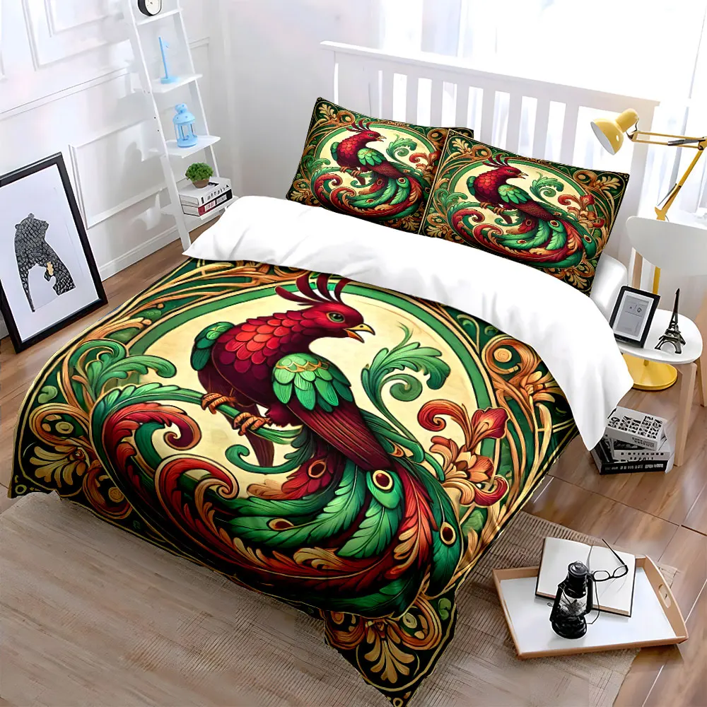 3Pcs Art Nouveau Peacock Ornate Frame Duvet Cover Set, Vintage Green Floral Bird Bedding with 1 Duvet Cover 2 Pillowcases