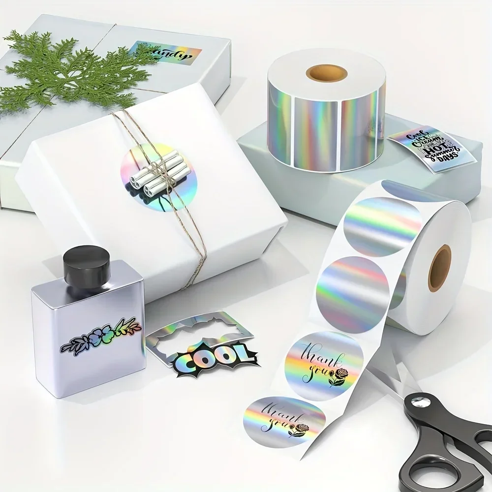 Holographic Thermal Sticker, Laser Silvery Label Sticker, Circle 400pcs/roll and Rectangle 500pcs/roll Printable Self-Adhesive