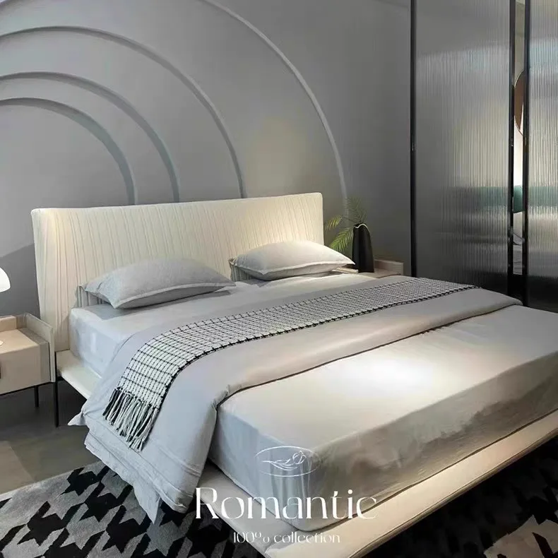 

High-end Italian leather bed soft bag factory direct sales double bed 1.8 meters wedding bed intelligent suspension light strip