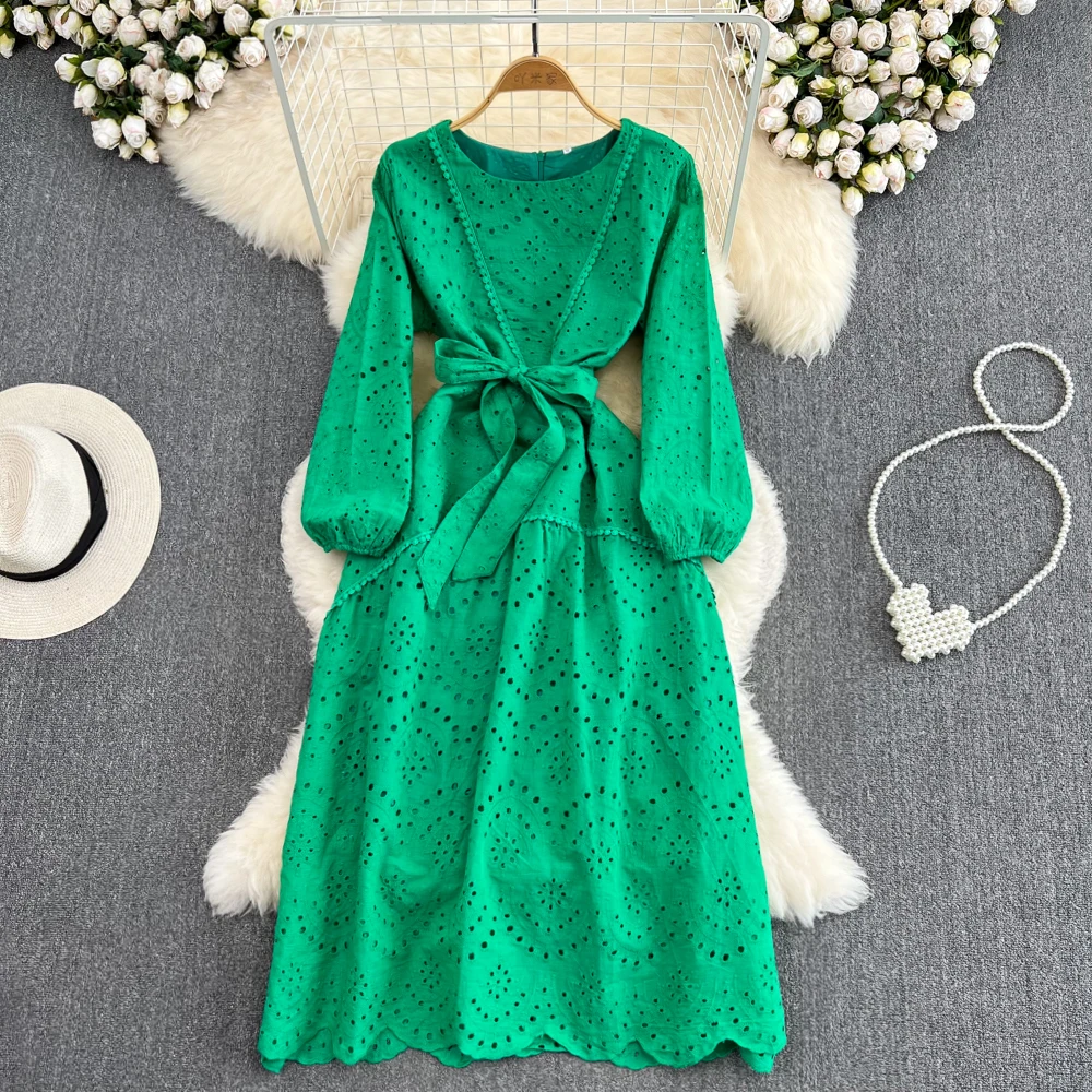 

Fashion 2023 Spring Autumn New Casual Solid Slim Full Lady Dress A Line O Neck Lace Zipper Mid Calf High Waist Women Bow Dress