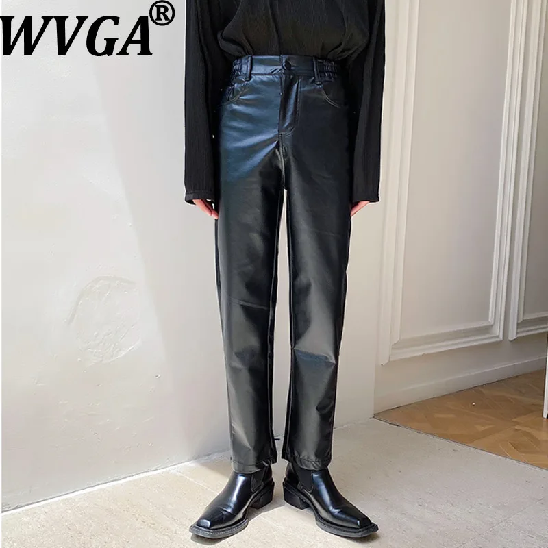 

WVGA Autumn Winter New Men's Tide Y2K High Street Leather Design Fashion Niche Chic Casual Straight Ankle- Lengh Pants Ins W8868