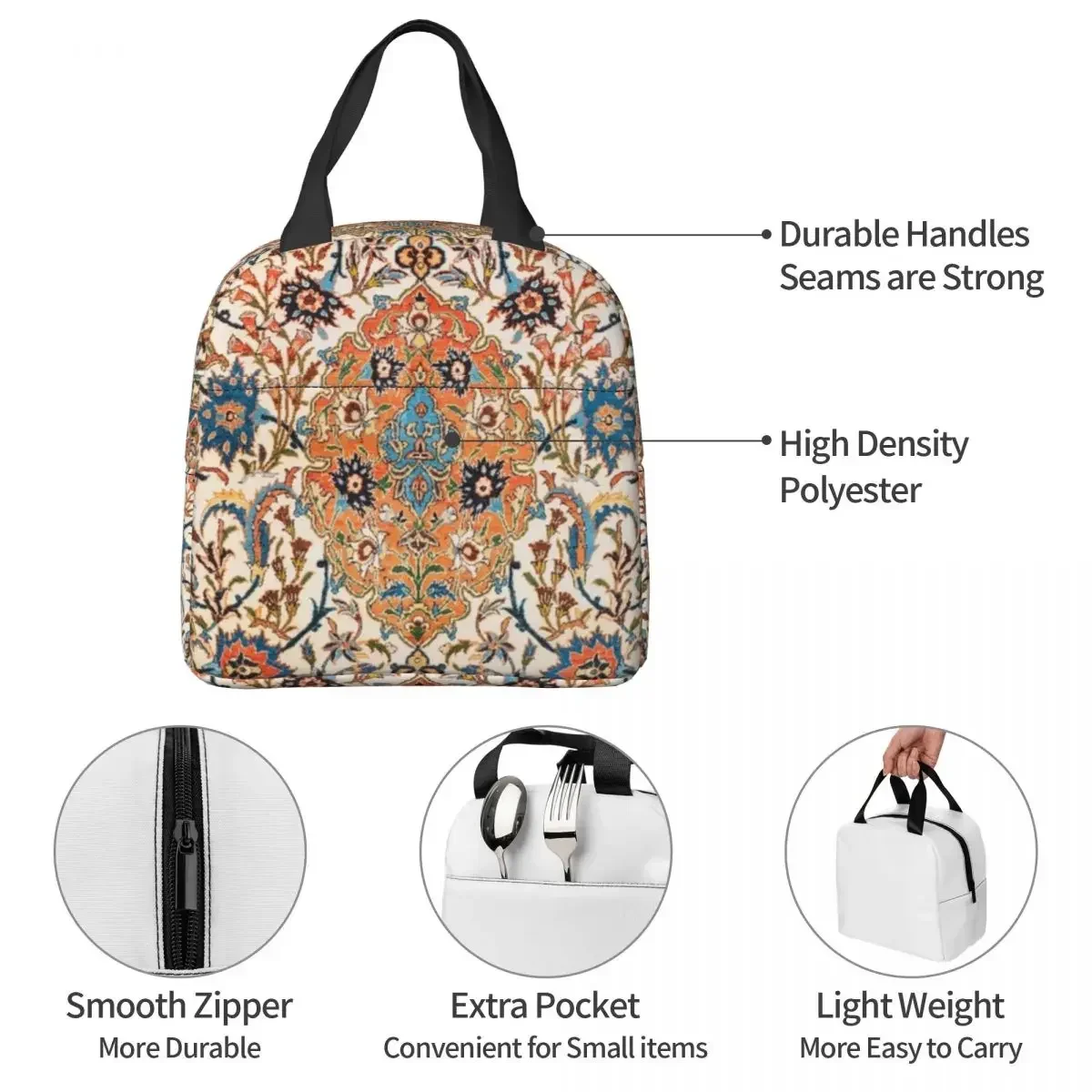 Isfahan Central Persian Carpet Print Insulated Lunch Bags Picnic Bags Cooler Lunch Box Lunch Tote for Woman Work Children School