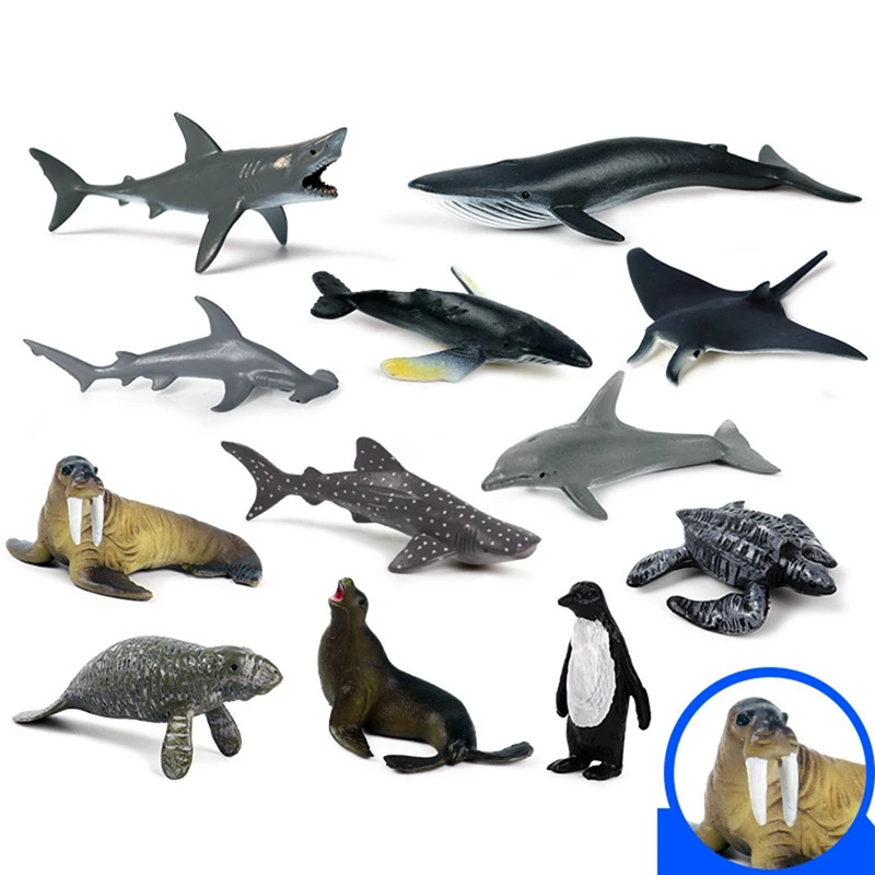 24 ชิ้นการจําลอง Mini สัตว์ทะเลฟันยักษ์ฉลามปลาวาฬปลาวาฬสีฟ้า Shark Penguin Dolphin ของเล่น