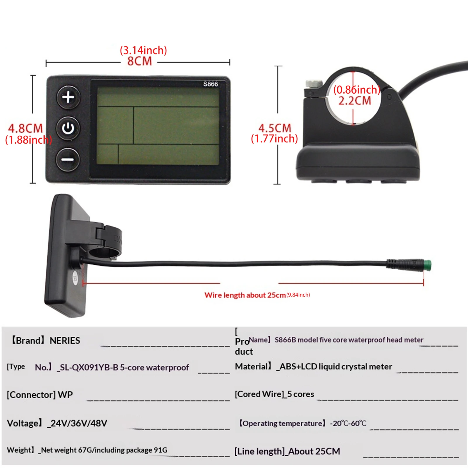 S866 B Full Function 5 Pin Waterproof Ebike Display for 24V/36V/48V E-Bike Smart Meter Dashboard Multi-Data Odometer Battery view 6