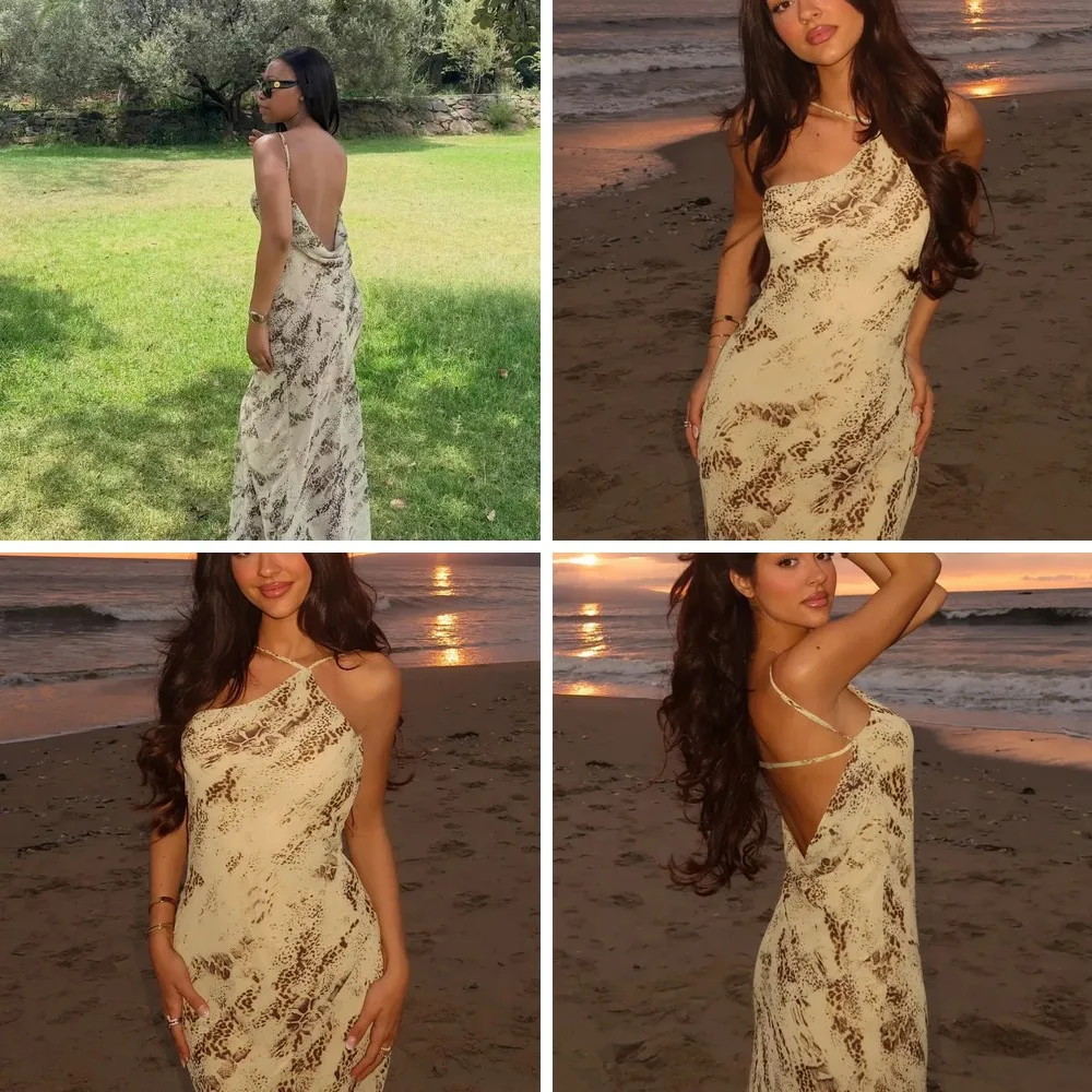 

Women's Printed One-Shoulder Bodycon Dress, Sexy Backless Sleeveless Long Vestido for Beach Vacation